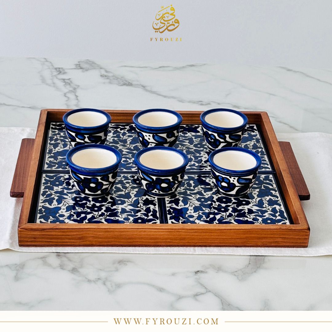 Palestinian Ceramic Coffee Cup Set – Blue &amp; White, Hand-painted