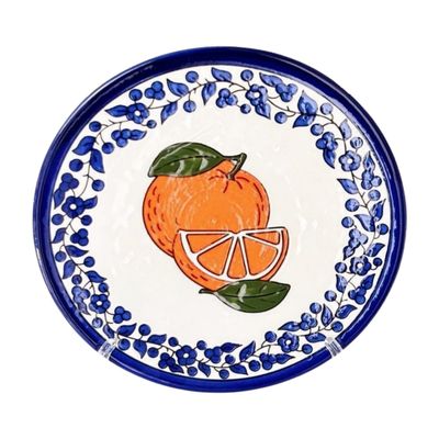 Palestinian Ceramic Plate – Orange with Blue Corners, Hand-painted
