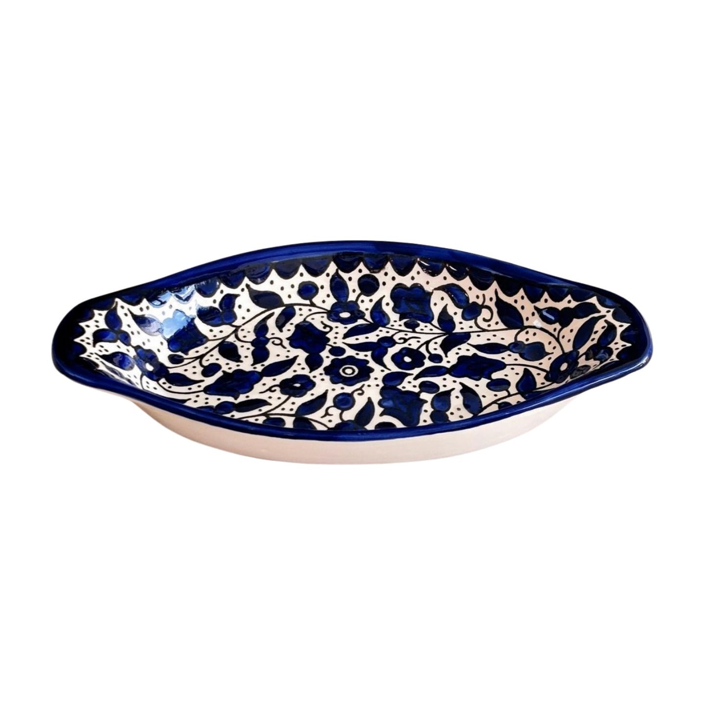 Palestinian Ceramic Oval Serving Bowl – Deep, Blue &amp; White Floral, Hand-painted