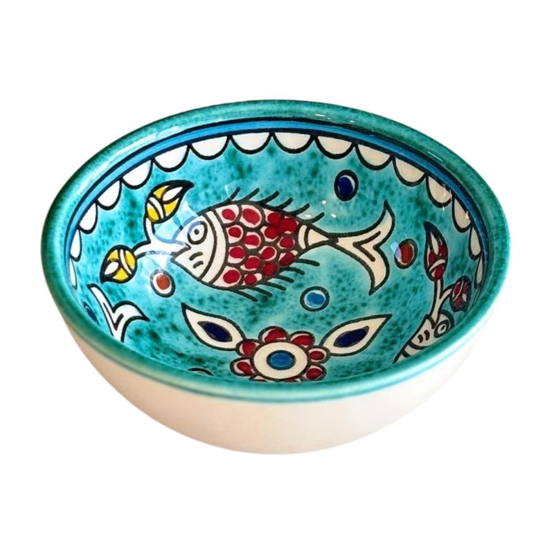 Palestinian Ceramic Deep Bowl – Turquoise Fish, 12 cm, Hand-painted