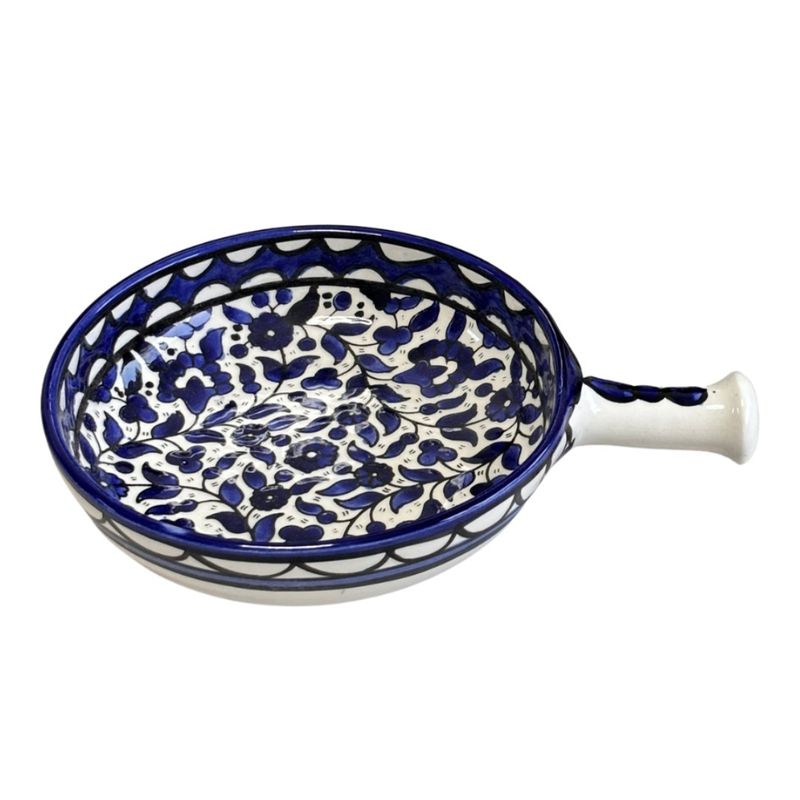 Palestinian Ceramic Serving Bowl with Handle – Blue &amp; White Floral, Hand-painted