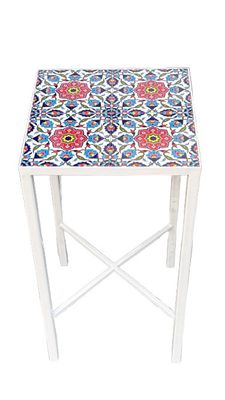 Side Table with Palestinian Ceramic Tiles – Jericho Bloom, White Legs
