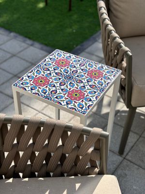 Side Table with Palestinian Ceramic Tiles – Jericho Bloom, White Legs