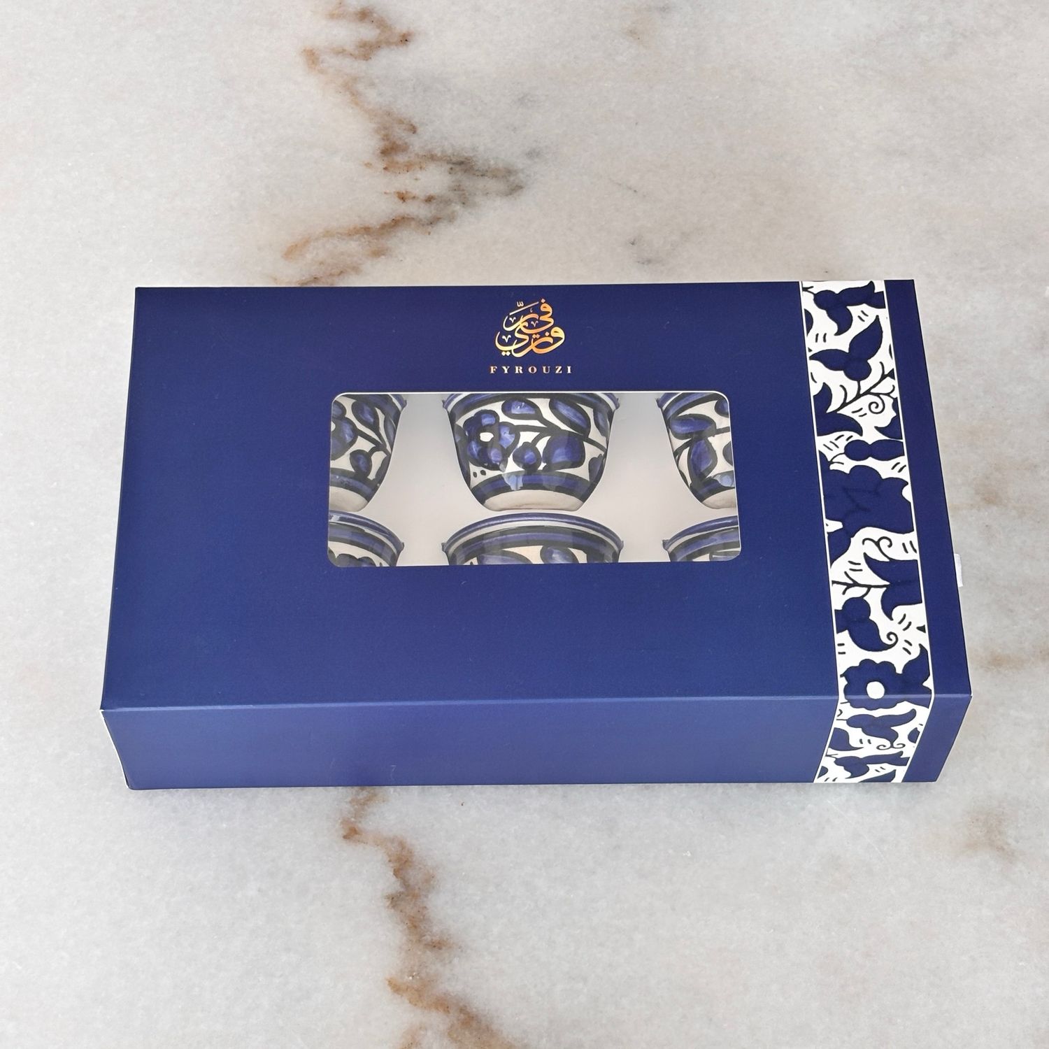 Palestinian Ceramic Coffee Cups Gift Box – Blue &amp; White, Hand-painted