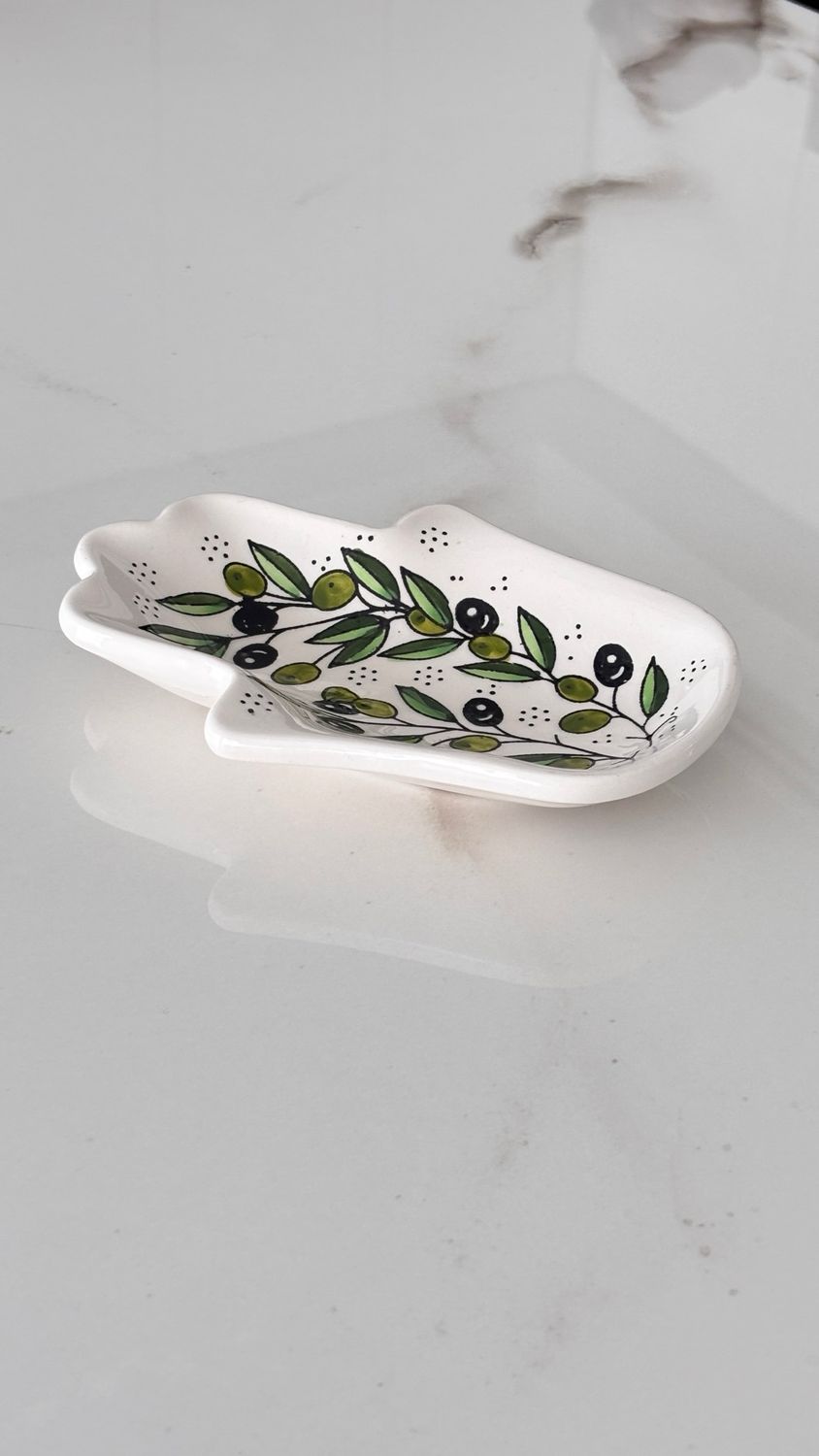 Palestinian Ceramic Hamsa Trinket Dish – Olive, Hand-painted