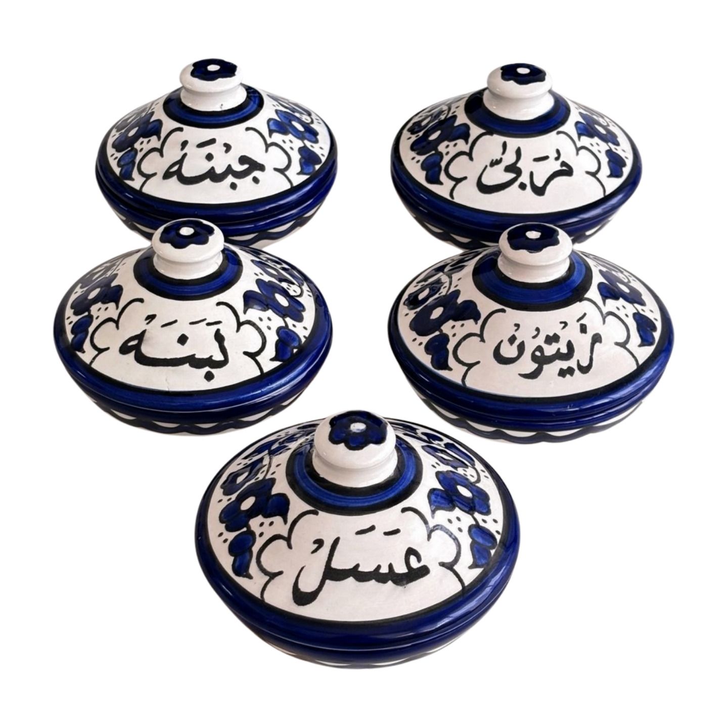 Palestinian Ceramic Breakfast Bowls Set – Blue &amp; White Floral, Hand-painted