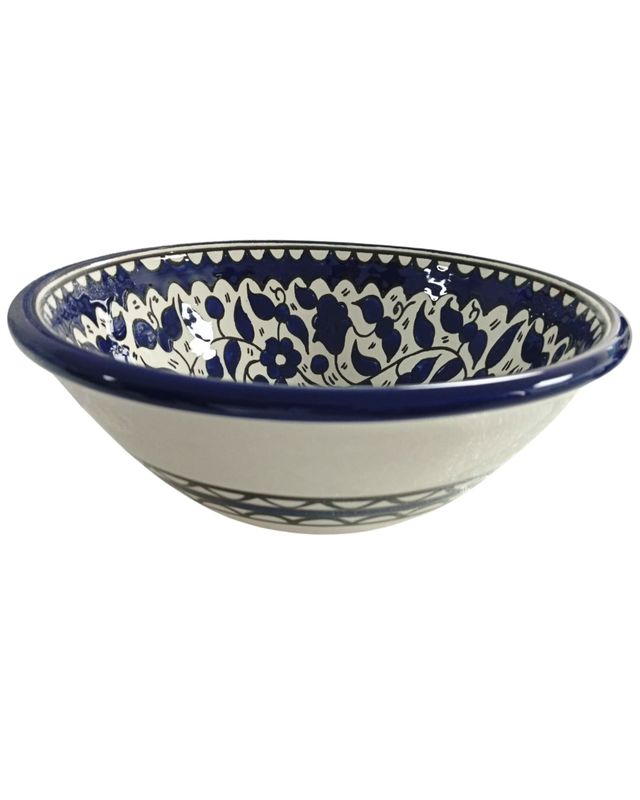 Palestinian Ceramic Salad Bowl – Blue &amp; White, Large 25 cm, Hand-painted