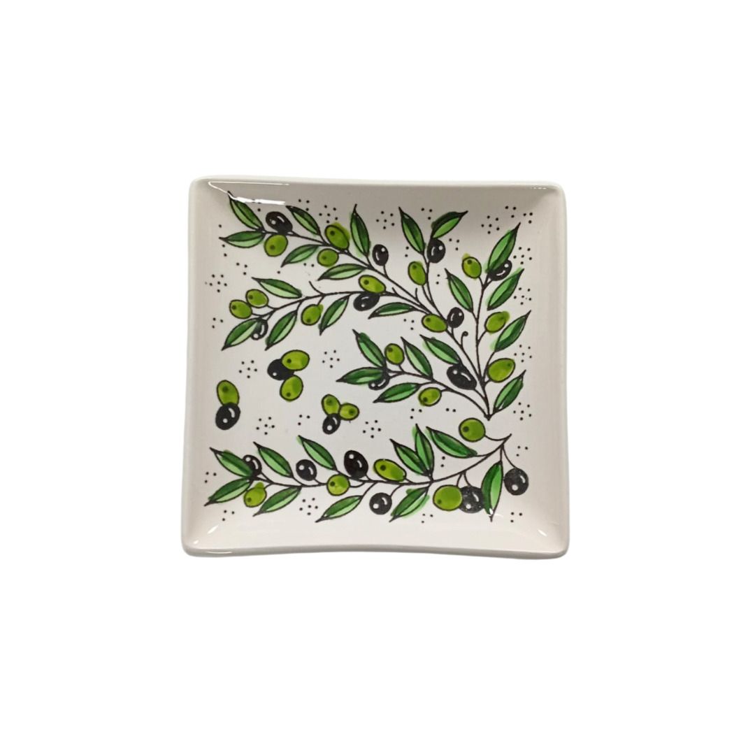 Palestinian Ceramic Square Plate – Zaytoun Olive, Hand-painted