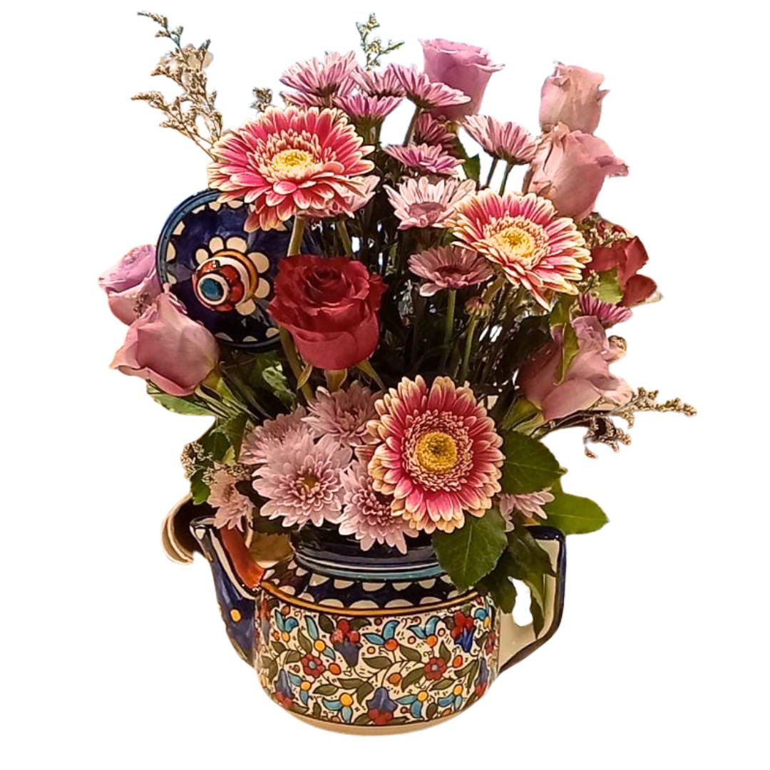 Flower Arrangement with Ceramic Tea Pot