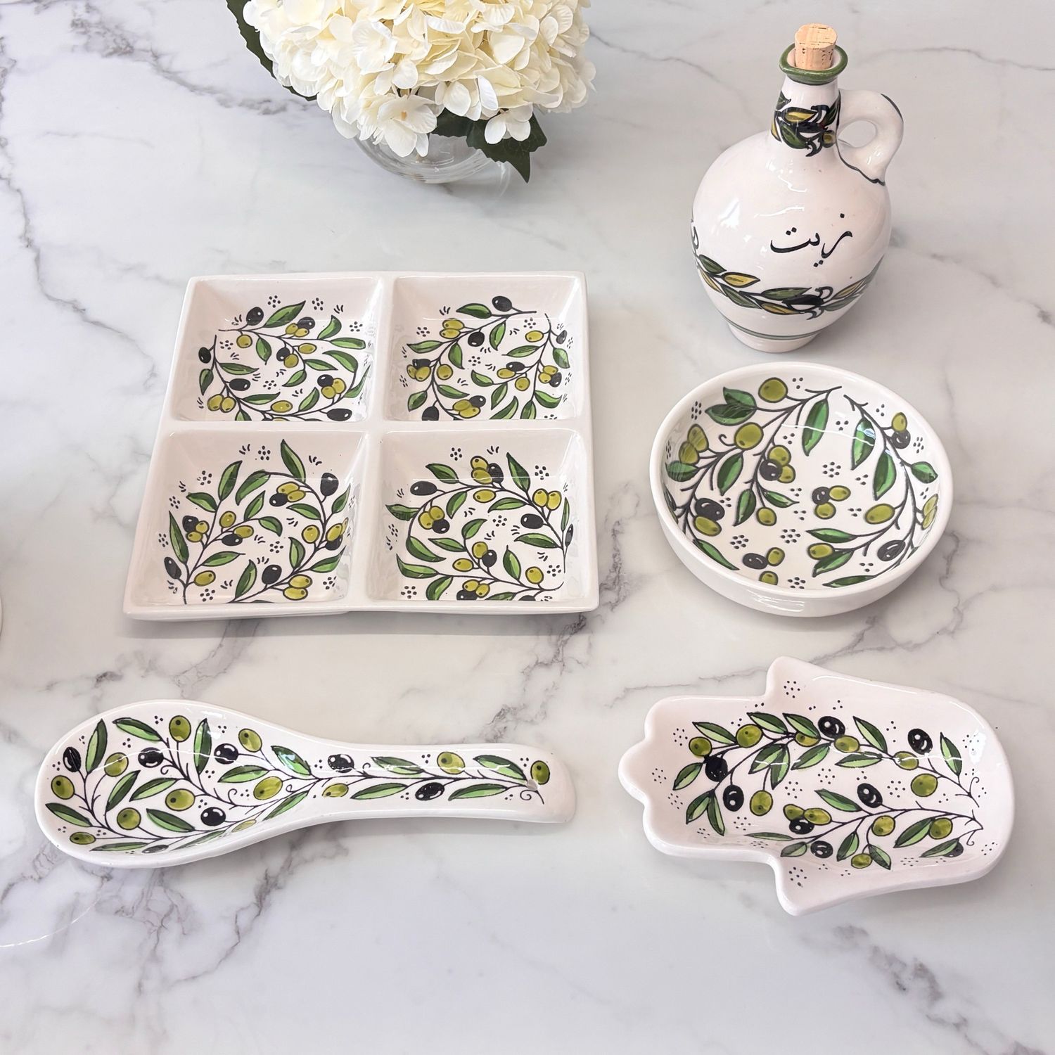 Palestinian Ceramic Breakfast Set – Olive Motif, Hand-painted