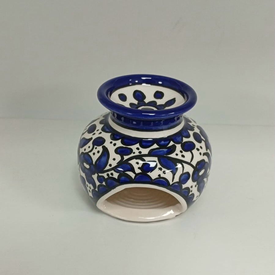 Ceramic Oil Burner Hand Painted Floral (Oil Burner) white and blue Pattern