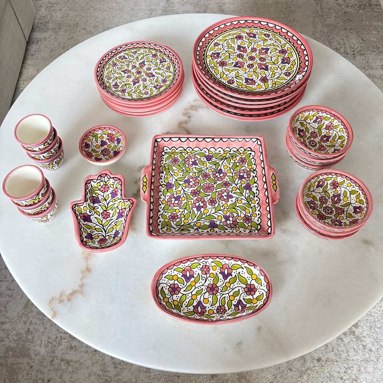 Palestinian Ceramic Tableware Set – Nasmah Pink Rose, Hand-painted