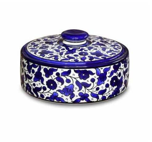 Palestinian Ceramic Sweet Pot – Blue &amp; White, Hand-painted