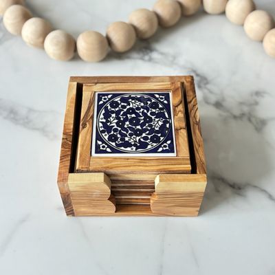 Olive Wood &amp; Ceramic Coaster Set - Set of 6 - Classic Blue