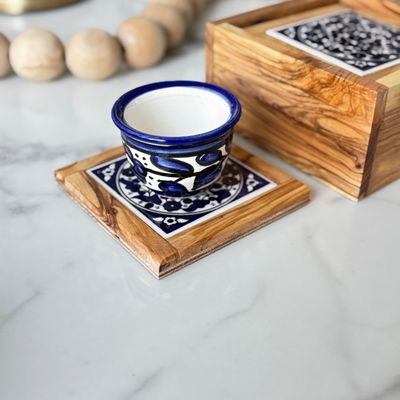 Olive Wood &amp; Ceramic Coaster Set - Set of 6 - Classic Blue