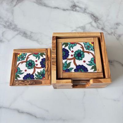 Olive Wood &amp; Ceramic Coaster Set - Set of 6 - Azure Bloom