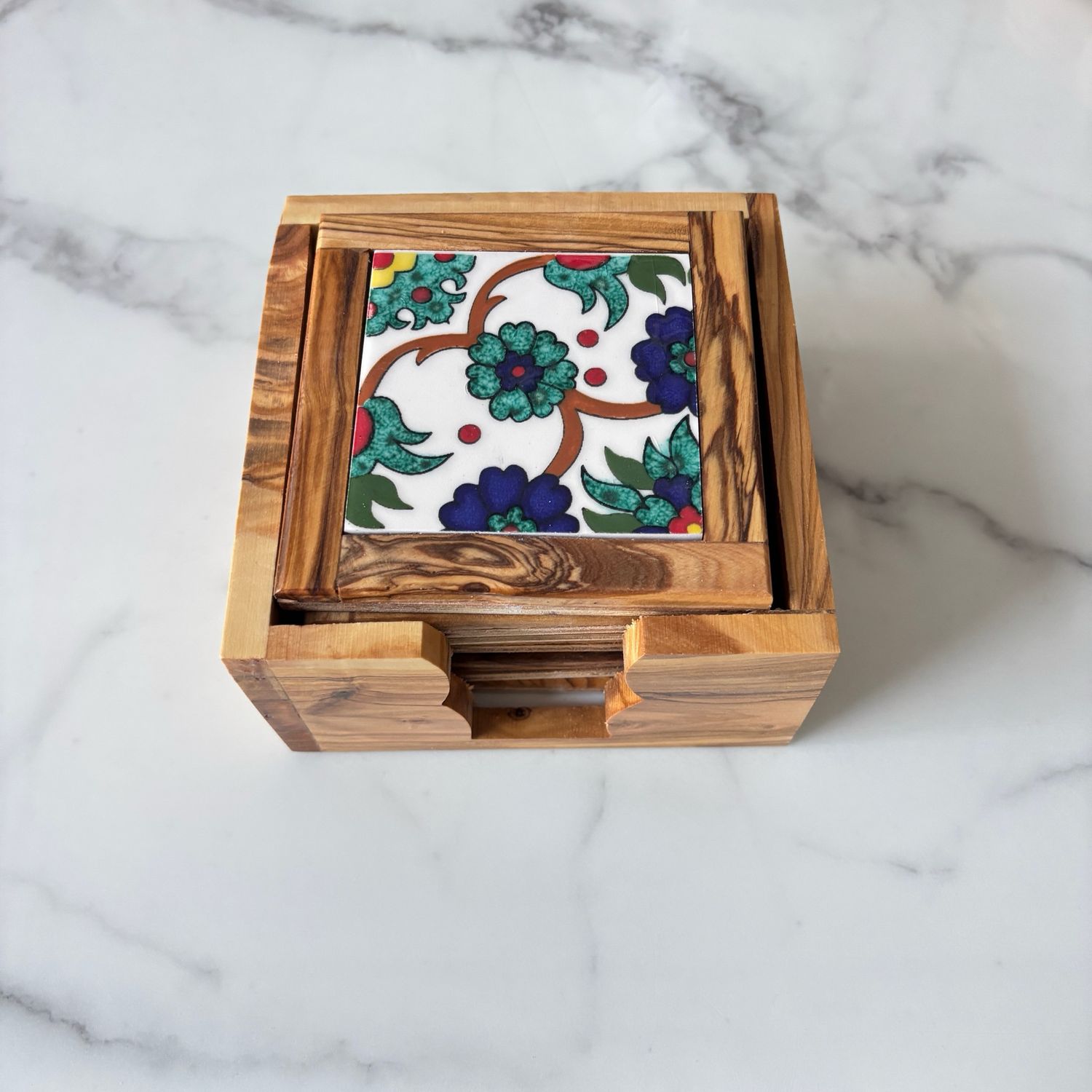 Olive Wood &amp; Palestinian Ceramic Coasters – Azure Bloom, Set of 6