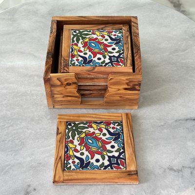 Olive Wood &amp; Ceramic Coaster Set - Set of 6 - Azar Bloom