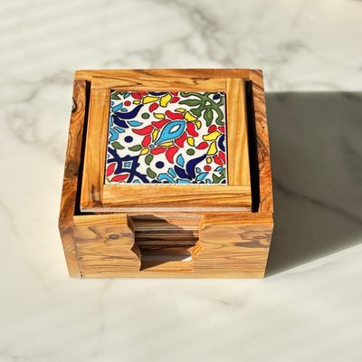 Olive Wood &amp; Ceramic Coaster Set - Set of 6 - Azar Bloom