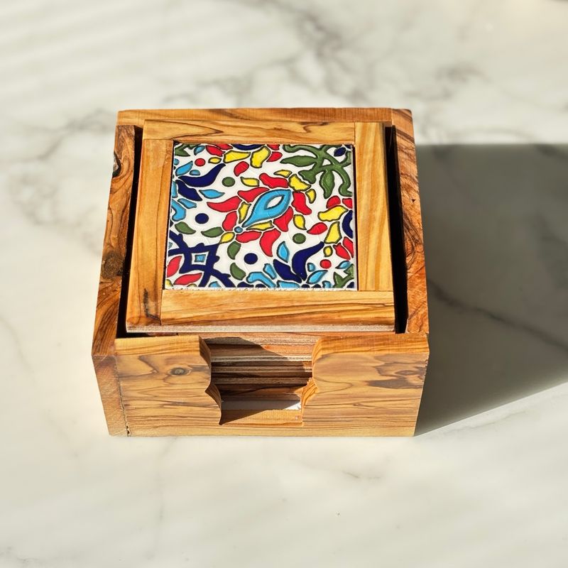 Olive Wood &amp; Ceramic Coaster Set - Set of 6 - Azar Bloom