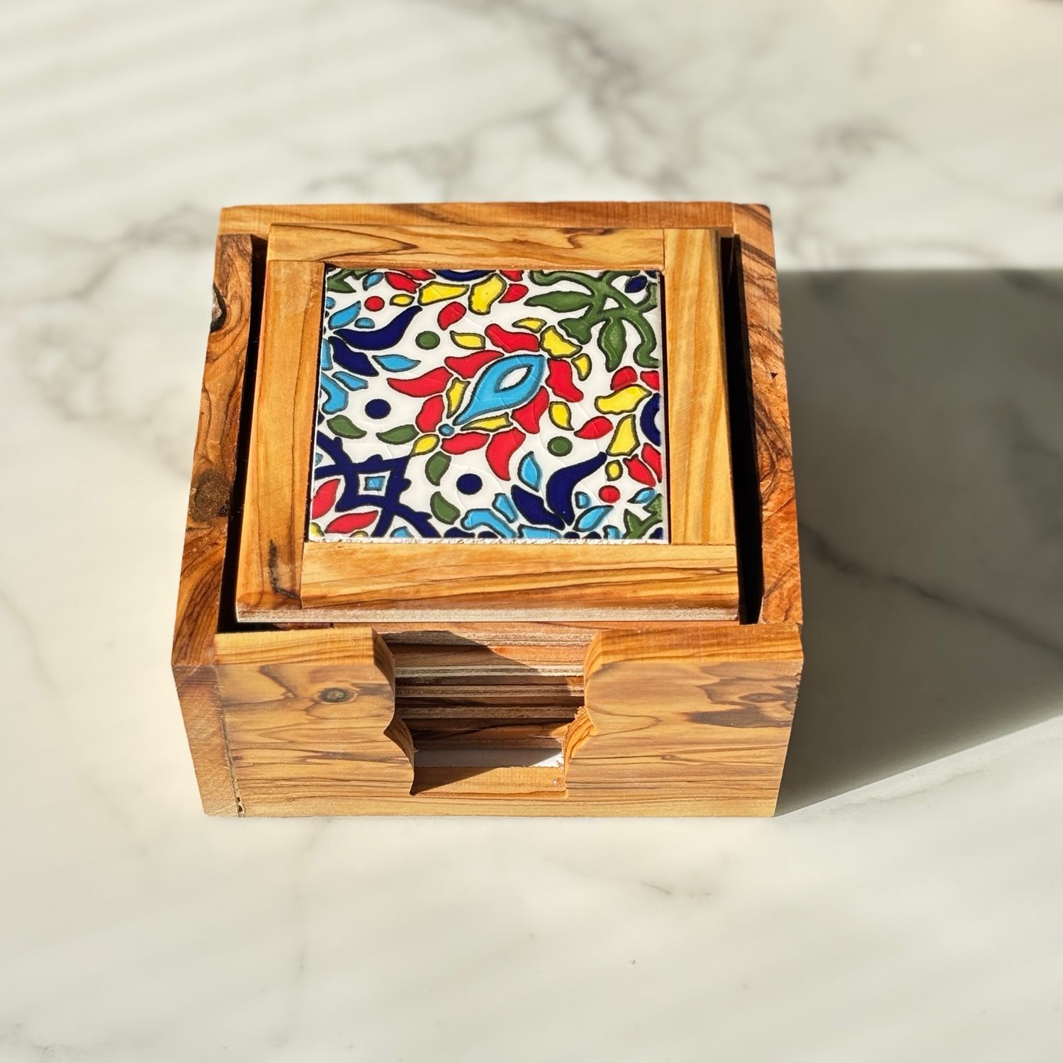 Olive Wood &amp; Palestinian Ceramic Coasters – Azar Bloom, Set of 6