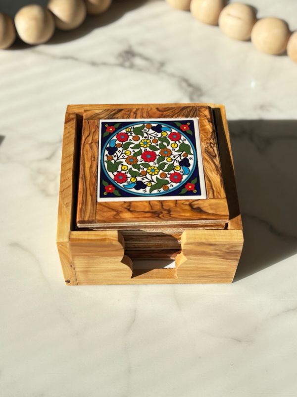 Olive Wood &amp; Ceramic Coaster Set - Set of 6 - Classic Floral Multi-color