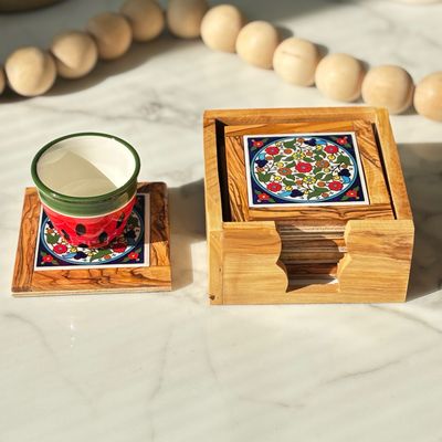 Olive Wood &amp; Ceramic Coaster Set - Set of 6 - Classic Floral Multi-color