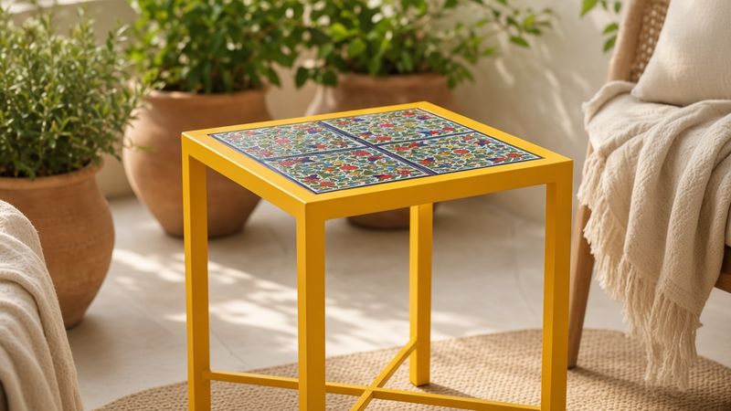 Sunshine Multi-color Floral Tile Side Table — Yellow Frame