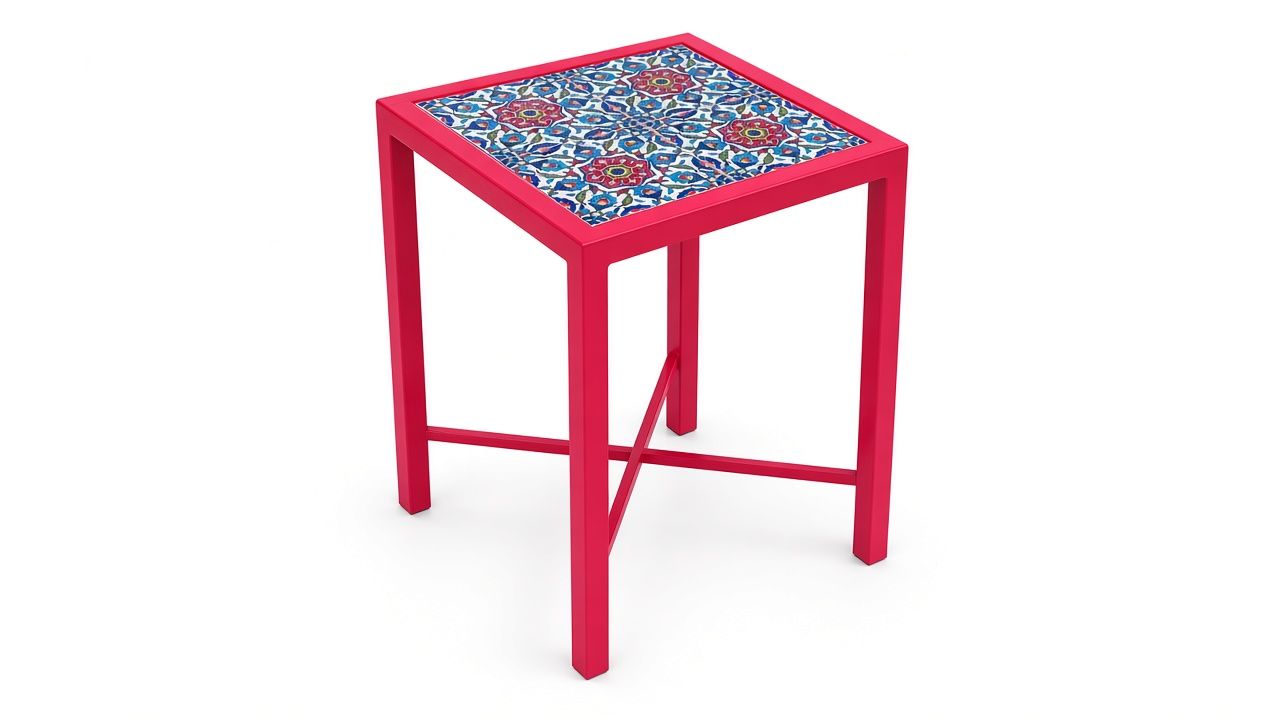 Iznik Bloom Tile Side Table — Red Frame