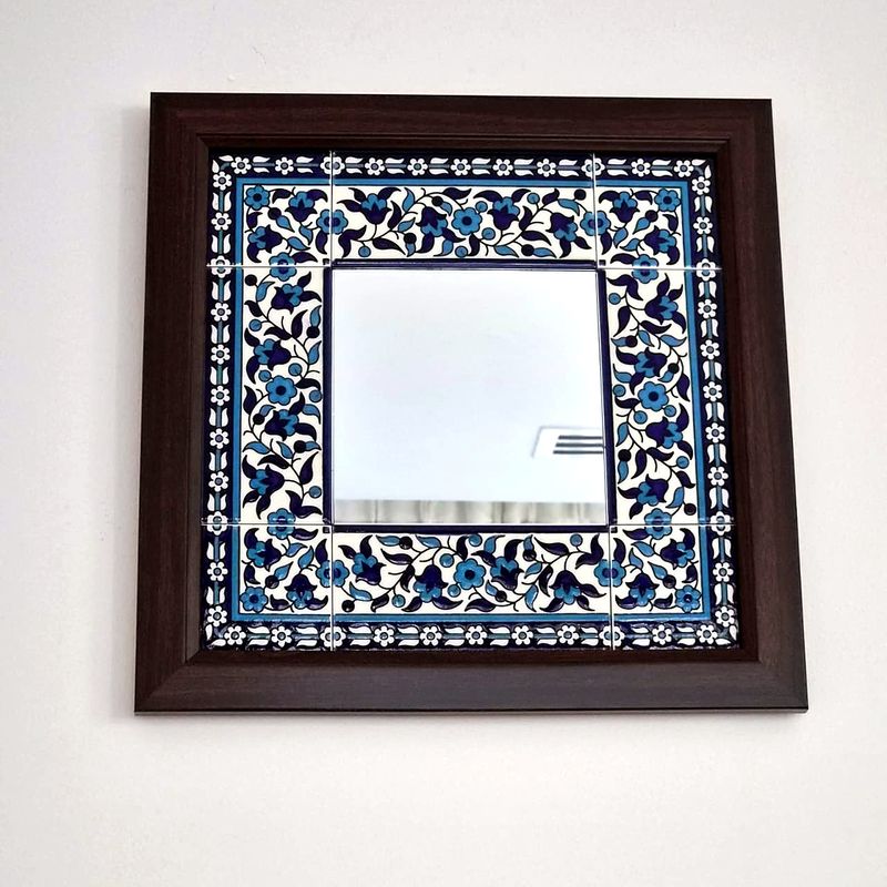 Blue and white floral ceramic tile square mirror, close front view