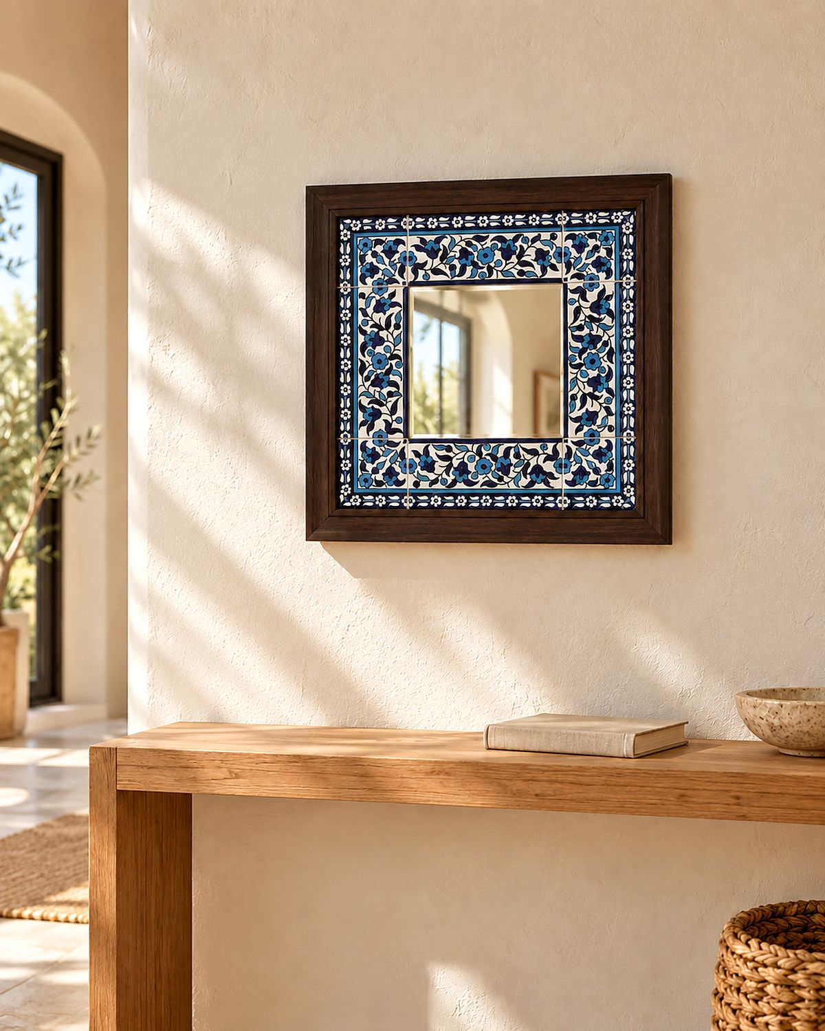 Blue floral tile square mirror with dark wood frame hanging above a wooden console
