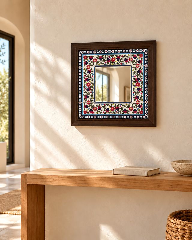 Multi-color floral tile square mirror with dark wood frame hanging above a wooden console