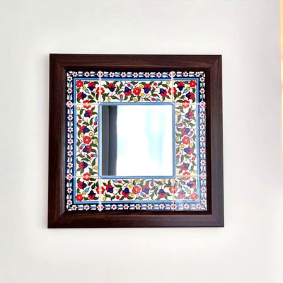 Multi-color floral ceramic tile square mirror, front view