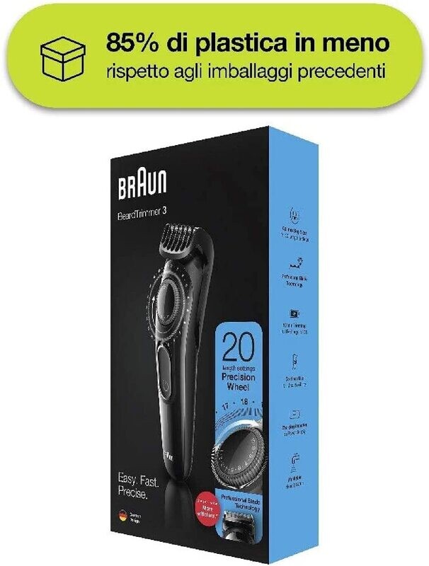 Braun Regolabarba Tagliacapelli Uomo Rasoio incluso, Rifinitore Barba, 85% di Plastica in Meno, Idea Regalo, BT3222 Nero