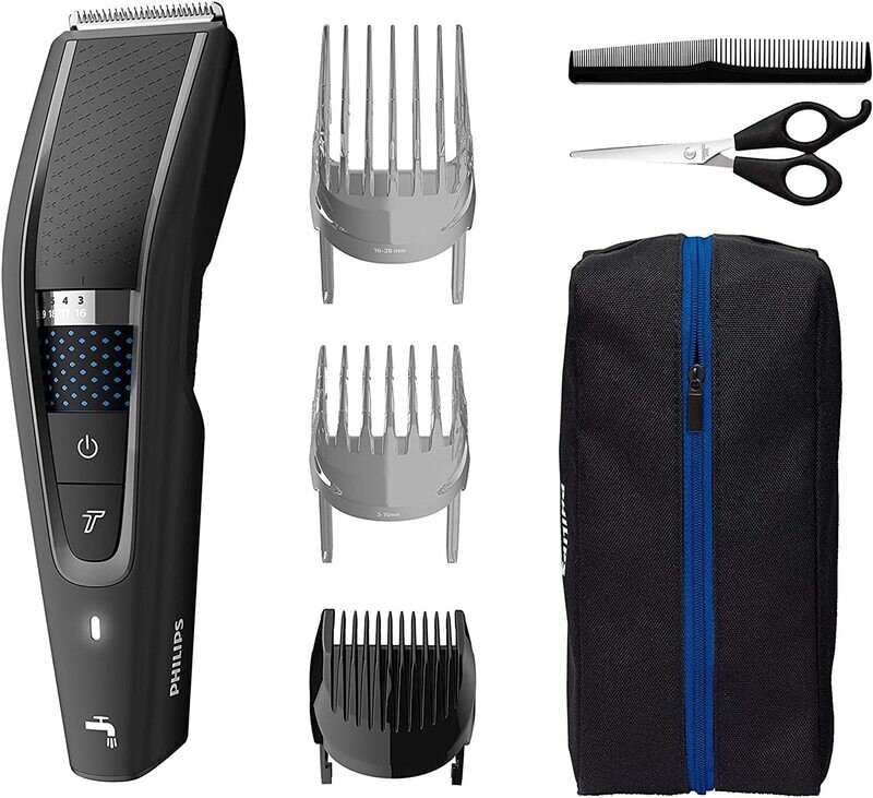 Philips Regolacapelli Serie 5000 Trim n Flow, DualCut, 28 Lunghezze, Cordless e Corded, 90 Minuti di Autonomia, 1 Pettine Regolabarba, 2 Pettini Regolacapelli, Custodia Morbida, Kit Barbiere HC5632/15