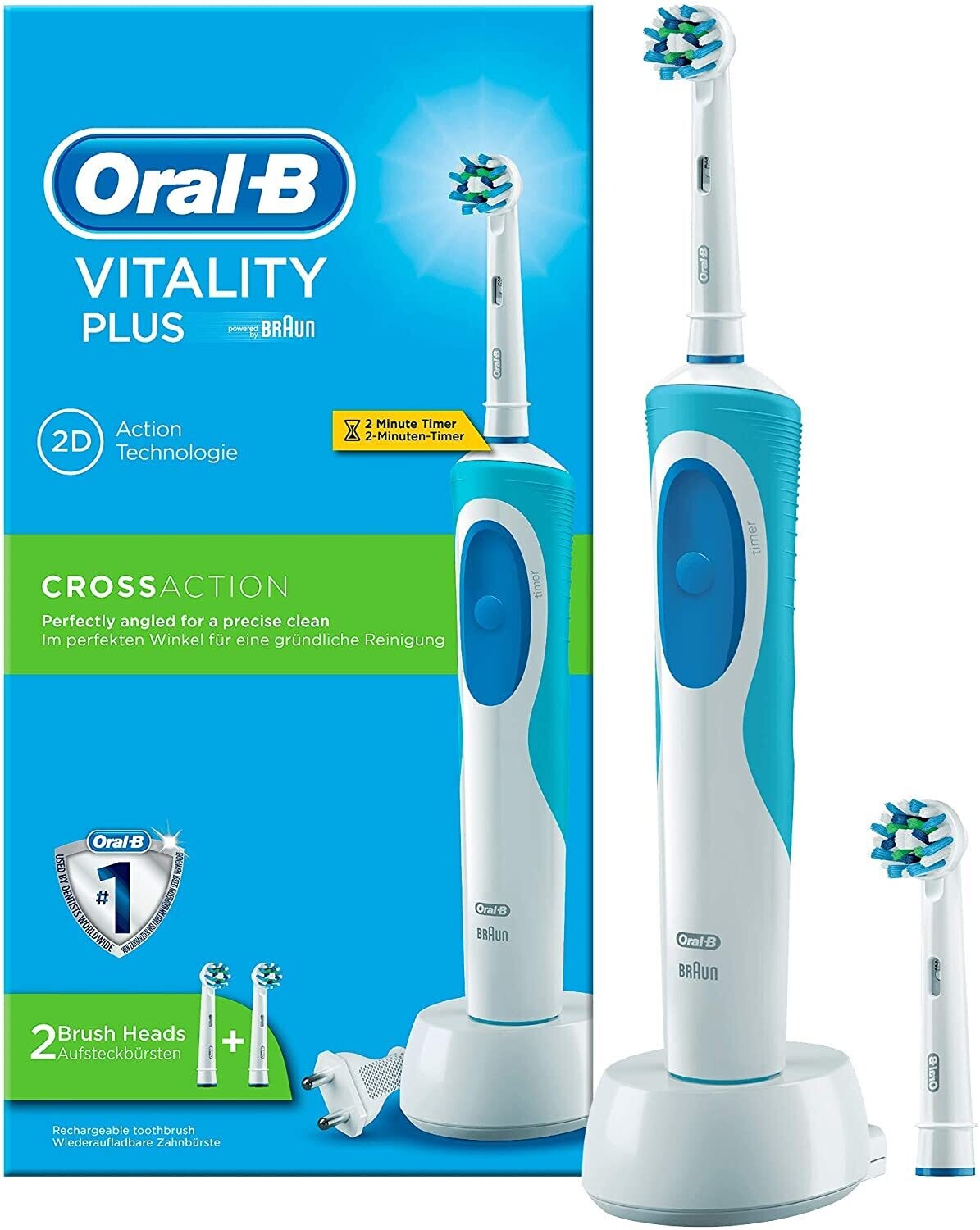 Oral-B Vitality Plus CrossAction Spazzolino Elettrico Ricaricabile, Batteria, Timer da 2 Minuti, Blu, Bianco