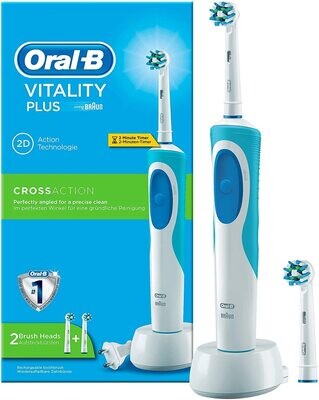 Oral-B Vitality Plus CrossAction Spazzolino Elettrico Ricaricabile, Batteria, Timer da 2 Minuti, Blu, Bianco