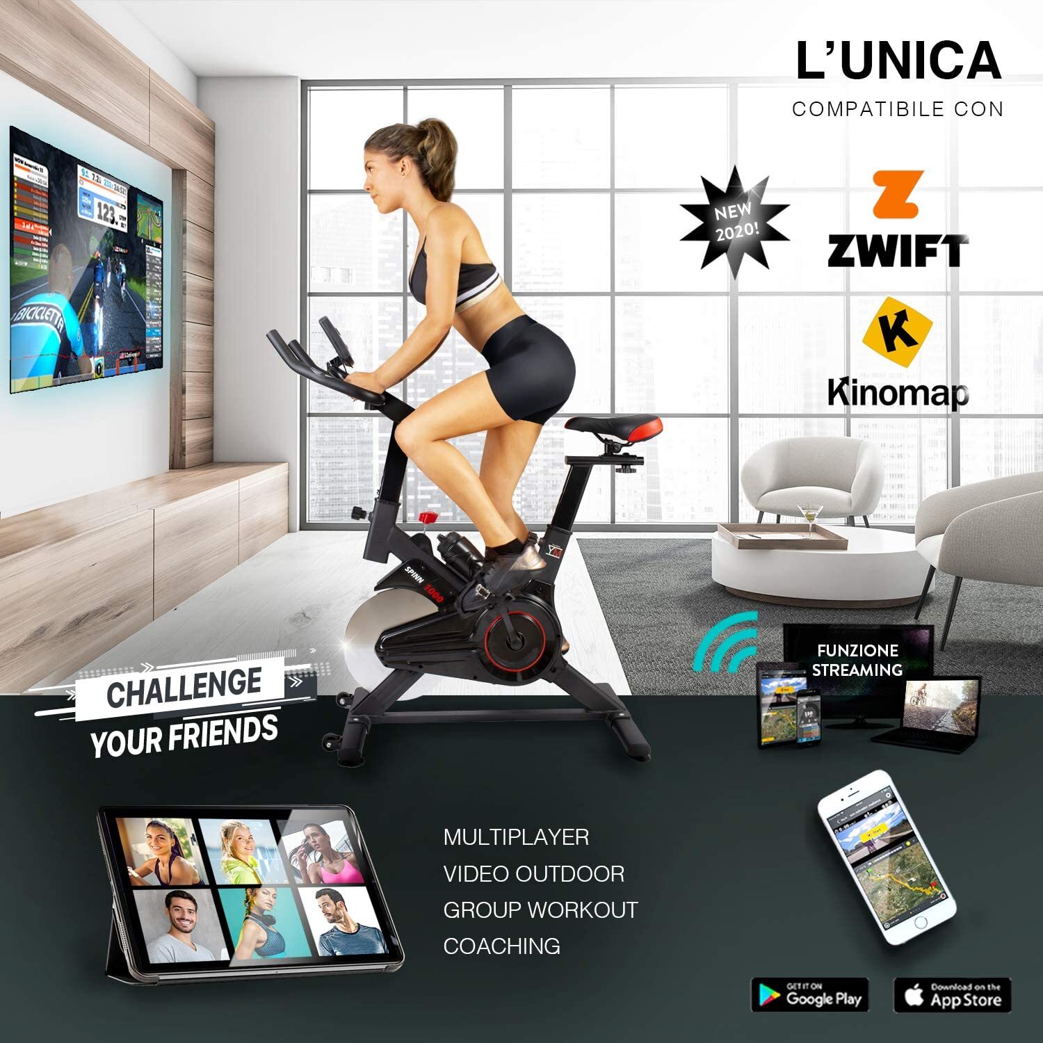 Bici Spinning (Bike Fit) + Cyclette Da Casa, Display LCD Multifunzione,  Bluetooth + App ZWIFT e KINOMAP, Resistenza Regolabile, Sensori Pulsazioni,  Sella e Manubrio Regolabili, Ruote