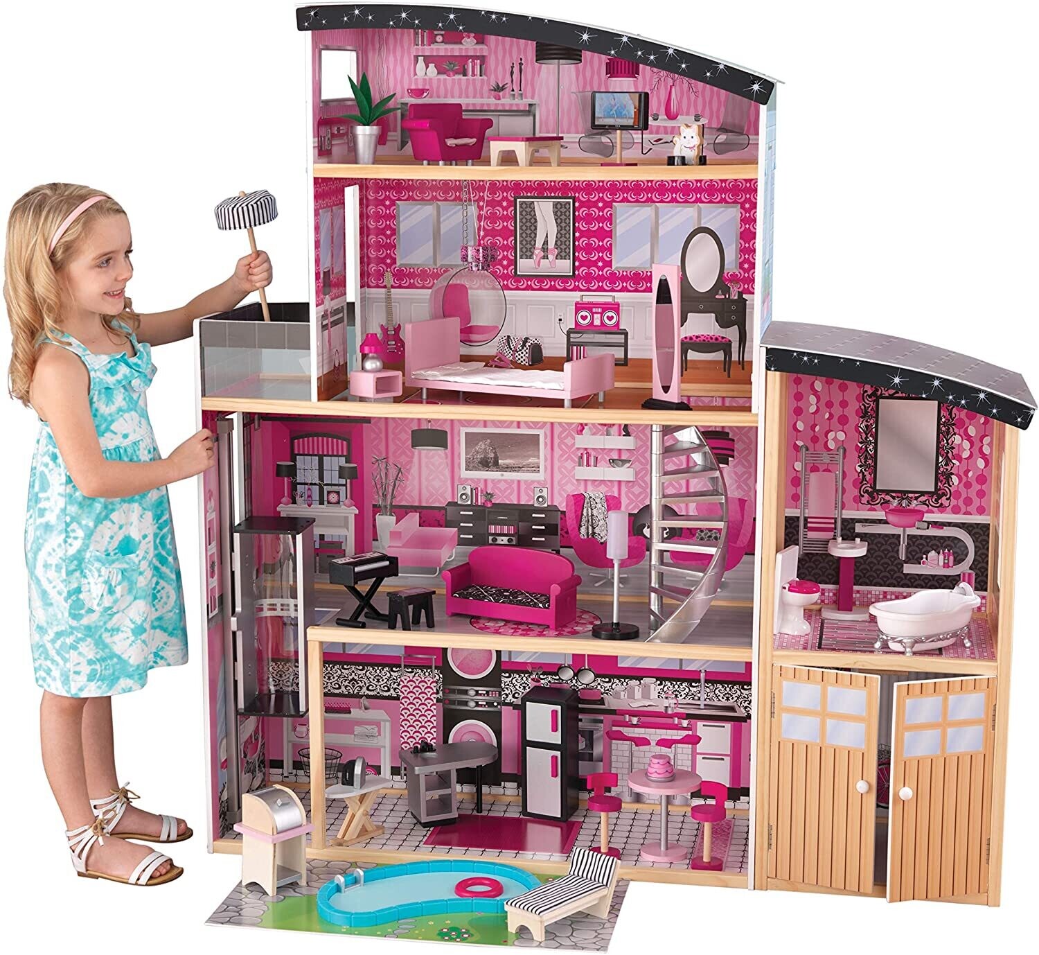 KidKraft 65826 Casa legno Sparkle Mansion per bambole di 30 cm con 30  accessori inclusi e 4 livelli di gioco, Colore rosa