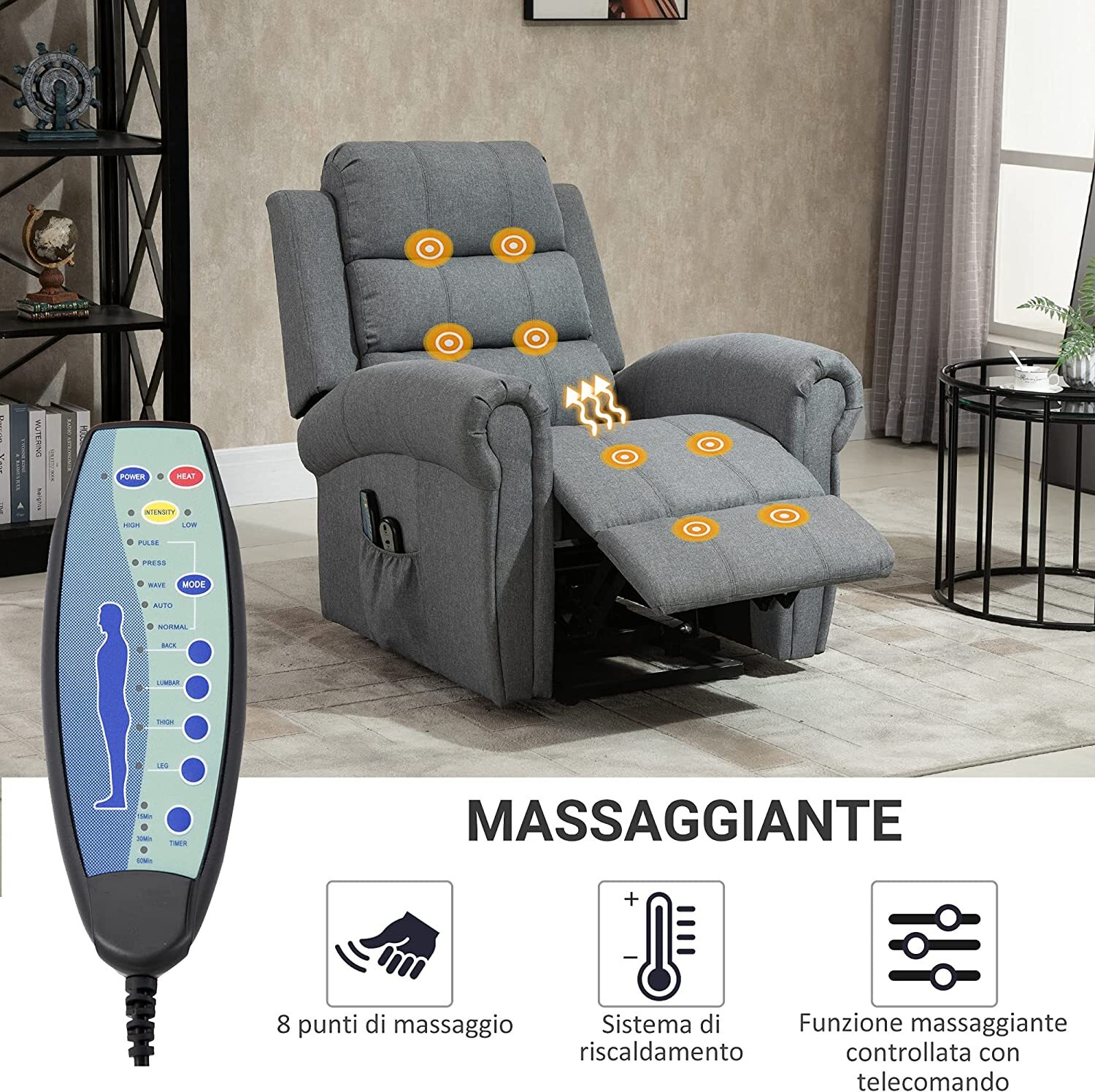 HOMCOM Poltrona Relax Massaggiante Reclinabile Poltrona Alzapersona  Elettrica Riscaldante in Tessuto 98x96x105cm