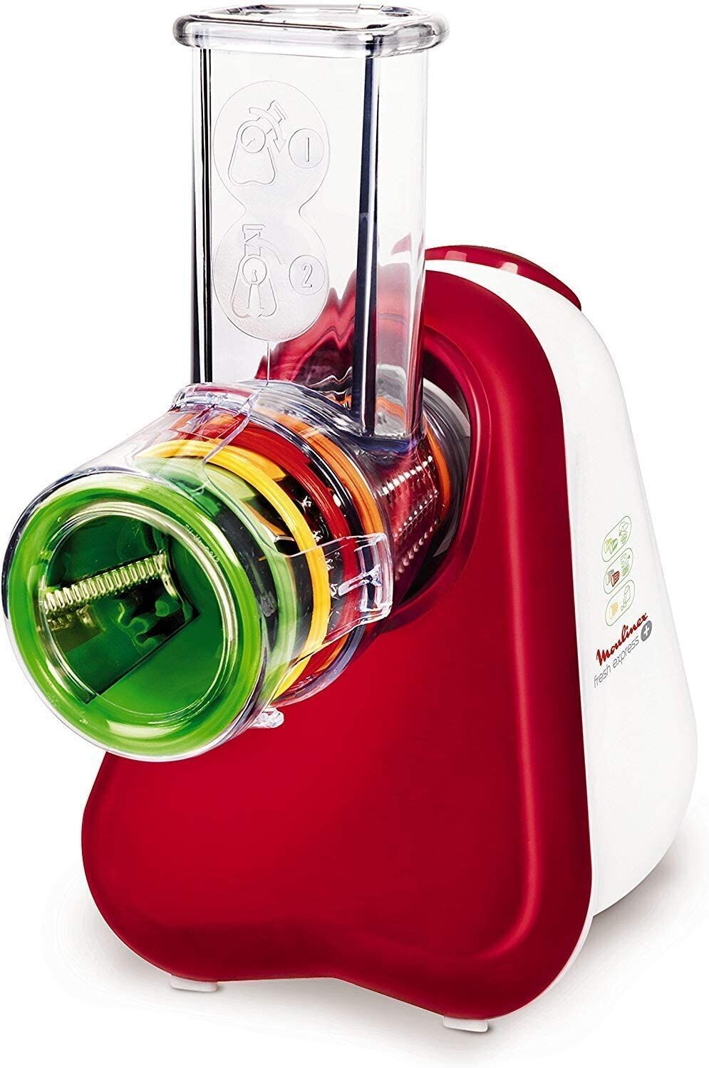 Moulinex DJ755G10 Fresh Express Plus Affettatutto Grattugia Elettrico, 5 Funzioni di Taglio, 200 W, 1 L, 1 Decibel, Plastica, Rosso