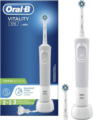 Oral-B Spazzolino Elettrico Ricaricabile Vitality 170, Movimento Oscillatorio e Rotatorio, Batteria a Lunga Durata, 2 Testine e 1 Spazzolino, Bianco, Idea Regalo