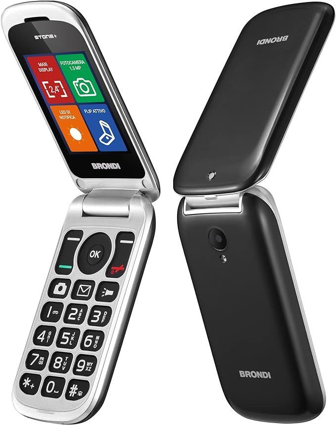 Brondi Stone+ - Cellulare con apertura a conchiglia e flip attivo, Dual Sim, Display 2.4 pollici, Nero