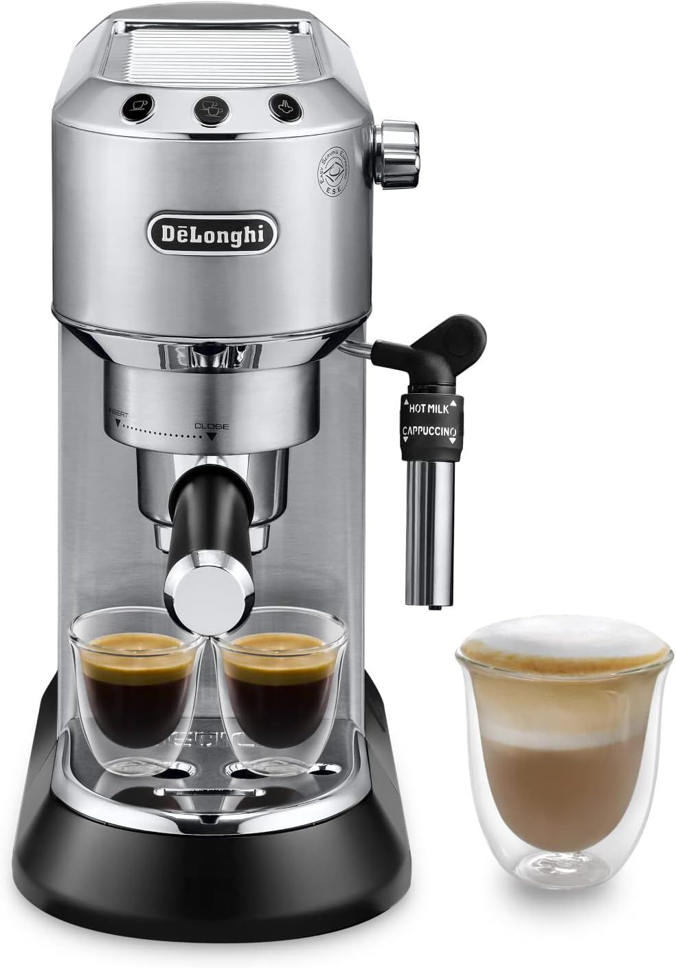 De'Longhi Dedica EC685.M Macchina da Caffè Espresso Manuale e Cappuccino, Caffè Polvere o Cialde E.S.E., Spegnimento Automatico, Serbatoio Estraibile 1L, Scaldatazze, Argento