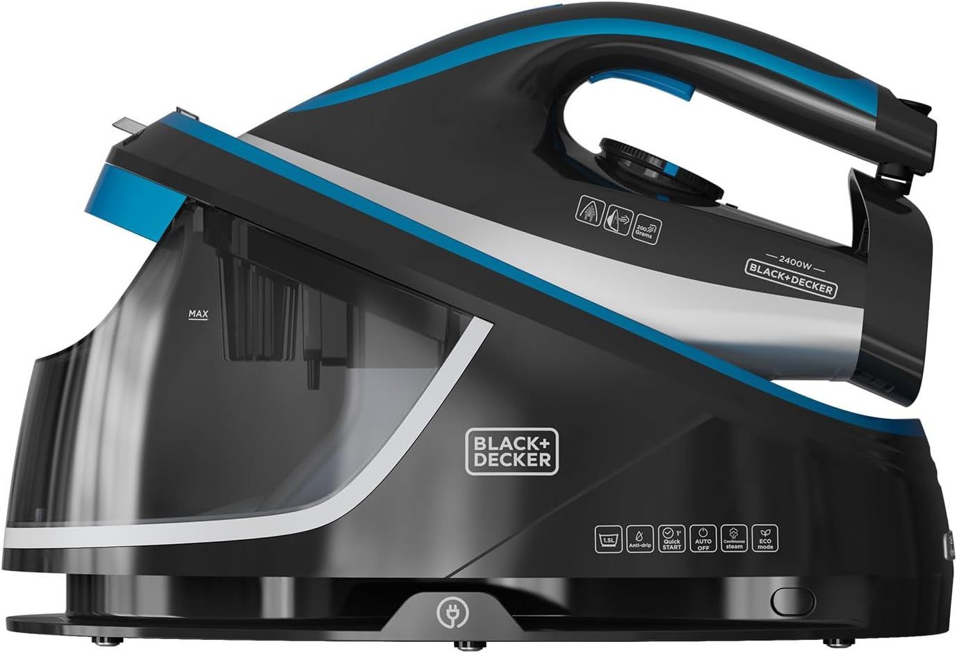 Ferro da stiro B+D BXSS2401E, 2400W, colpo di vapore 200g/min, vapore continuo 120g/min, serbatoio rimovibile da 1,5L, temperatura regolabile, ECO, pronto in 1 minuto, anticalcare, autospegnimento