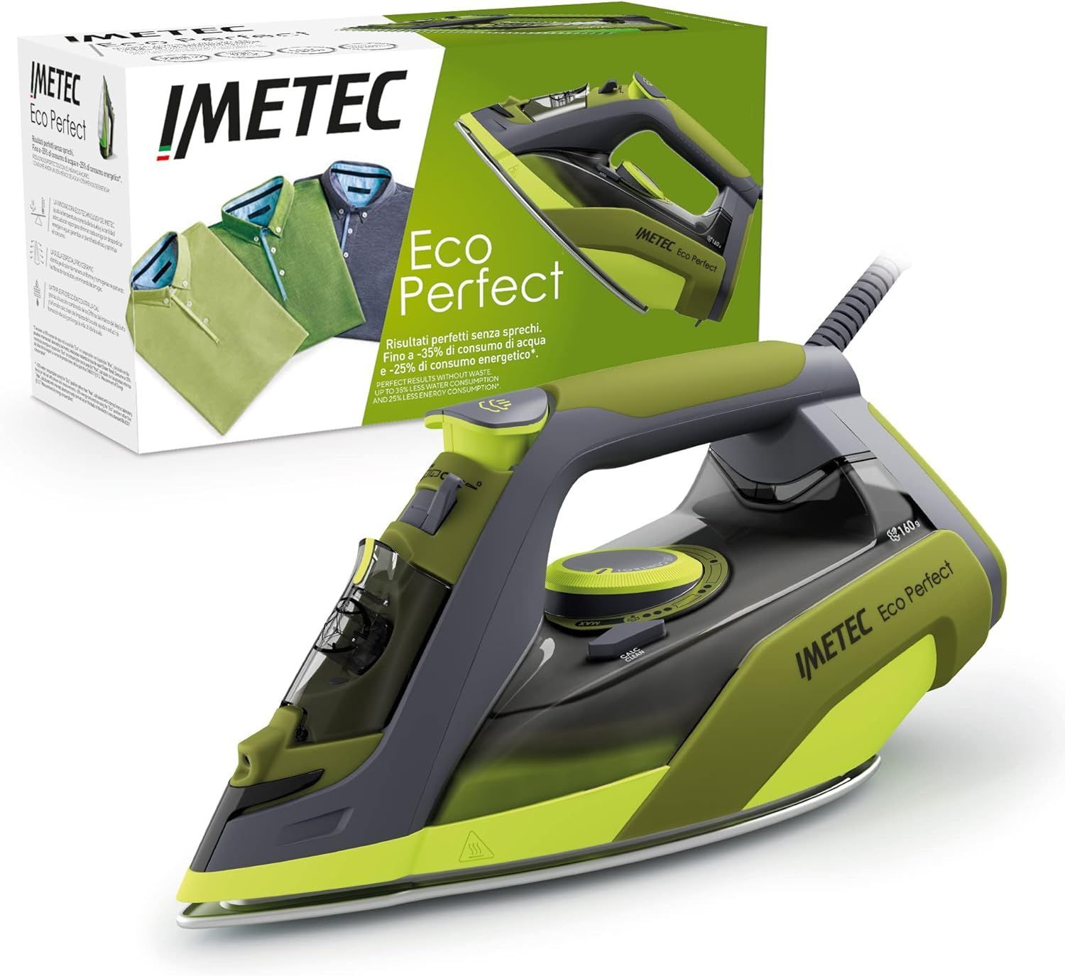 Imetec Eco Perfect - Ferro da Stiro a Vapore - Risultati Ottimi con -35% Consumo di Acqua e -25% Consumo Energetico - Piastra con Rivestimento Pro Ceramic - Tripla Protezione Anticalcare, 2400 W