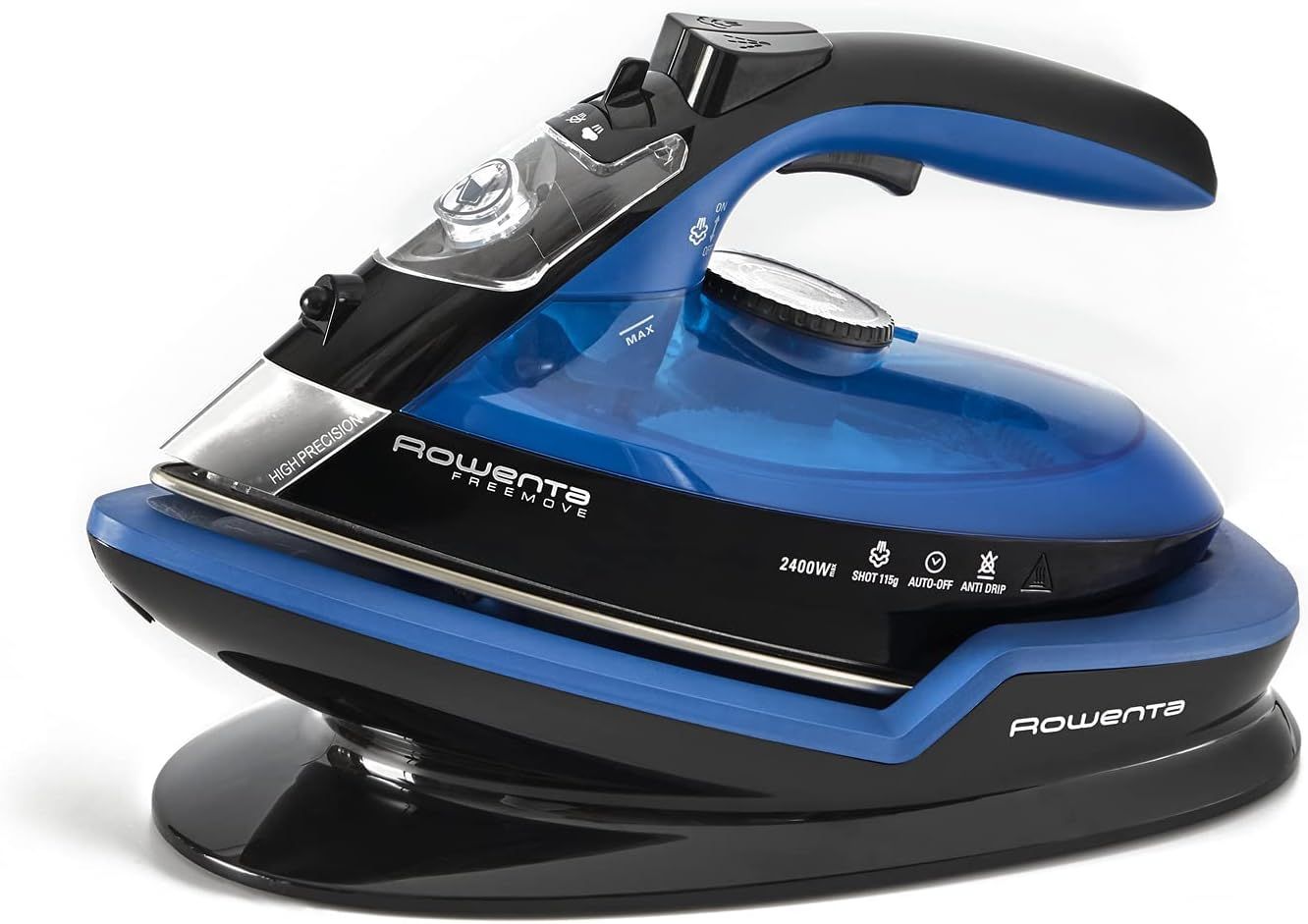 Rowenta De5010 Freemove Ferro da Stiro a Vapore senza Filo, 2400W, 250 Ml, Quantità di Vapore Variabile 120 G/Min, Nero/Blu