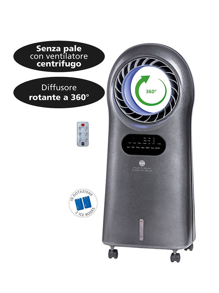 MACOM Enjoy & Relax 989 Bladeless Breeze Raffrescatore Evaporativo Senza Pale, Grigio, Portata 10 m3/Minut