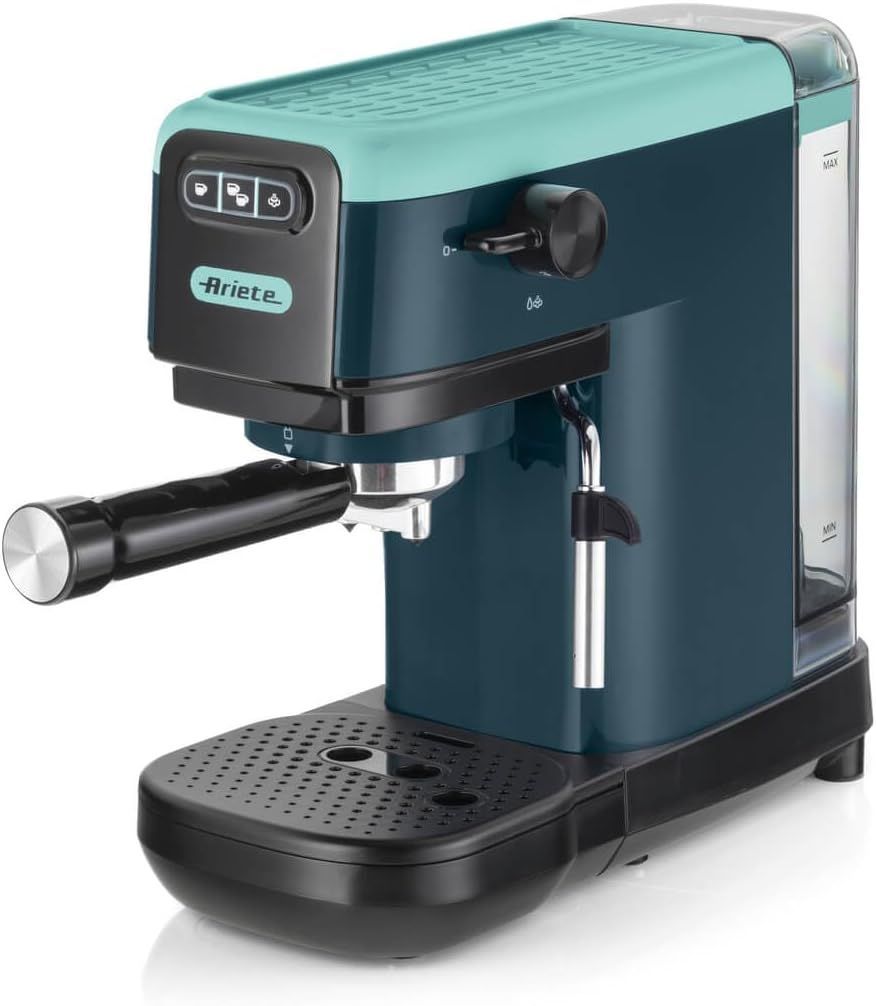 Ariete 1399 Macchina da caffè espresso Light Aquamarine, Per polvere e cialde ESE, 1300 W, Capacità 1,1L, 15 bar di pressione, Filtro 1, 2 tazze e cialda ESE, Cappuccino, Verde