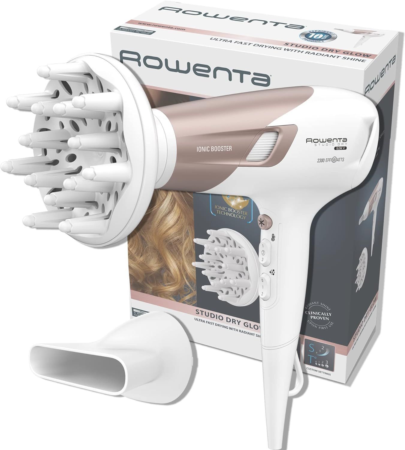Rowenta CV5830 Studio Dry Glow Asciugacapelli con Booster Ionico, Phon per Capelli 2100W, Tecnologia Effiwatts, Thermo Control, 1 Diffusore e 1 Concentratore, 6 Combinazioni di Velocità/Temperatura